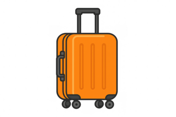 Orange suitcase with an extendable handle and four wheels, representing travel, tourism, and vacation on a transparent background