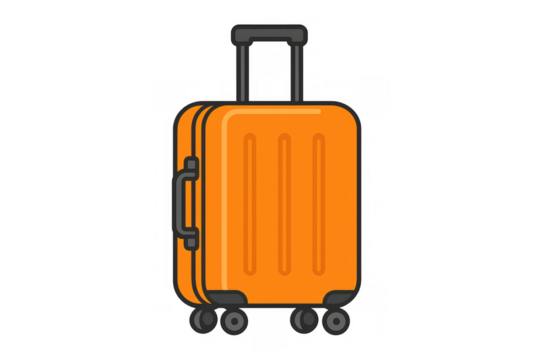 Orange suitcase with an extendable handle and four wheels, representing travel, tourism, and vacation on a transparent background