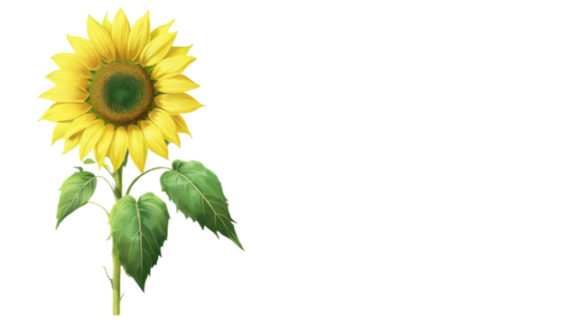 Realistic bright yellow sunflower with detailed center texture and green leaves, transparent background PNG