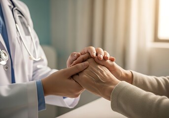 The trusting bond between a patient and their doctor, shown by their hands clasped together with empathy.