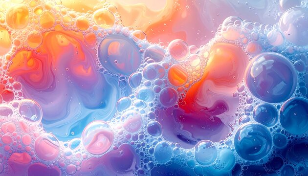 An abstract artwork presents a colorful and bubbly liquid texture, with swirling and intermingling hues of orange, blue, pink, and yellow