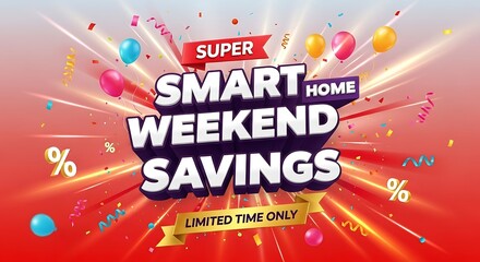 Get super smart home weekend savings now for a limited time only with festive balloons and confetti, perfect for advertising promotions and special offers on electronics