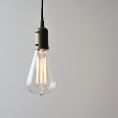 Simple Scandinavian hanging light bulb with warm glow on white background  