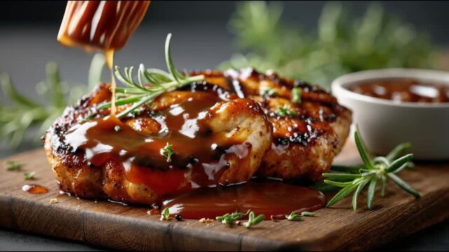 Succulent grilled chicken garnished with tomato sauce, brush and rosemary, food on wooden cutting board