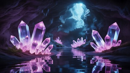 Fototapeta premium magical fantasy cave with glowing water reflection