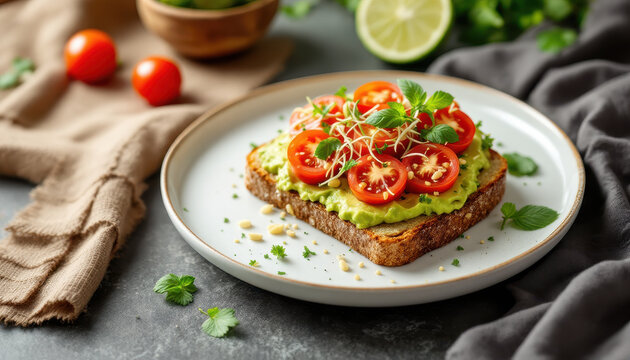 Fresh Avocado Toast with Cherry Tomatoes and Herbs on Rustic Plate - Powered by Adobe