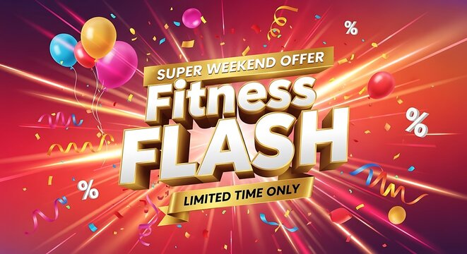 Get ready for incredible fitness savings with this super weekend flash sale event for a limited time only featuring balloons, confetti and a vibrant red and gold color scheme - Powered by Adobe