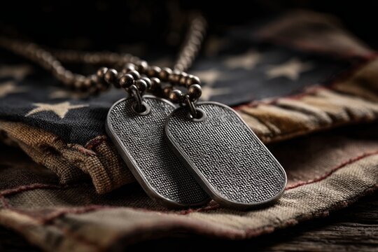 Close-up of Military Dog Tags on Folded American Flag for Memorial Content - Powered by Adobe