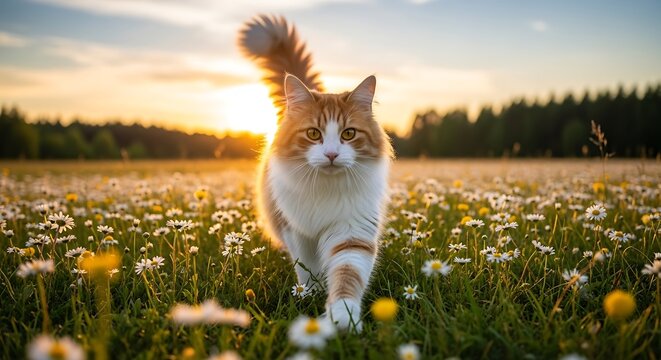 A fluffy orange and white cat walks toward the viewer through a field of wildflowers bathed in warm, golden sunlight