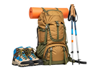 A large tan hiking backpack with an orange sleeping pad on top a pair of hiking boots and two trekking poles isolated on transparent background