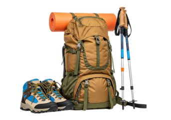 A large tan hiking backpack with an orange sleeping pad on top a pair of hiking boots and two trekking poles isolated on transparent background