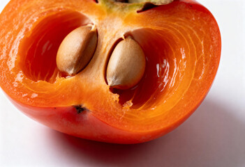 Juicy Persimmon Half with Seeds on White Background(generated by AI)