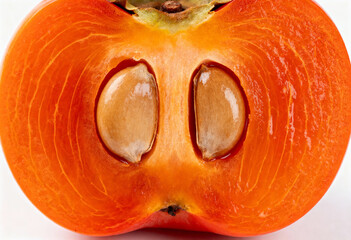 Juicy Persimmon Half with Seeds on White Background(generated by AI)