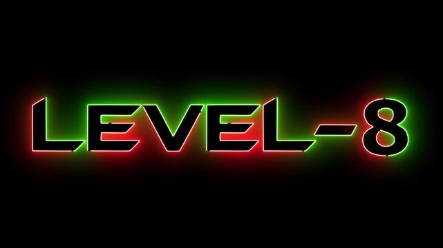 Red and green neon glowing level 8 text font icon animation. Neon level sign. Level text animation on black background.