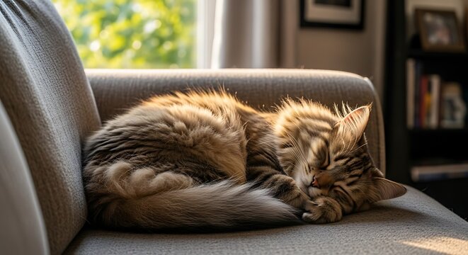 A fluffy, tabby cat sleeps curled up on a soft gray armchair in a sunlit room near a window. Sunlight streams on fur - Powered by Adobe