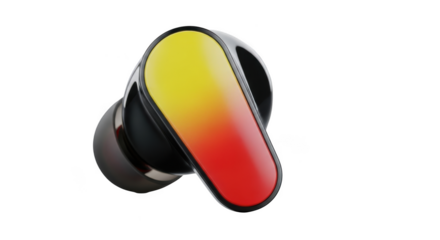 Gradient yellow red earbud close up high tech wireless audio device photography