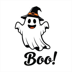 Cute halloween ghost wearing a witch hat saying boo festive spooky design vector