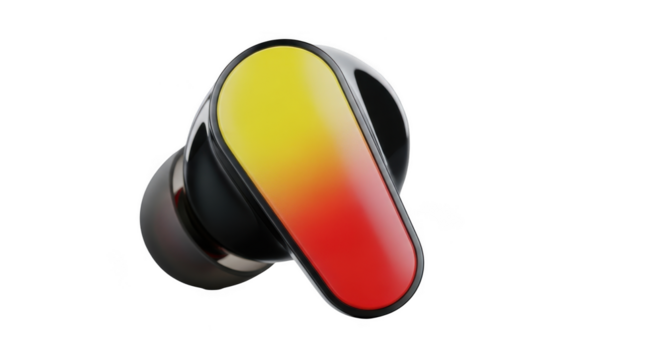 Gradient yellow red earbud close up high tech wireless audio device photography