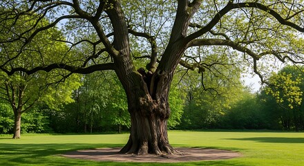 Obraz premium A majestic, gnarled tree dominates a grassy field, its broad branches reaching towards a bright blue sky on a sunny day. Smaller trees are visible