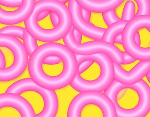 An abstract composition featuring floating pink, torus-shaped objects of varying forms scattered against a bright yellow backdrop. The glossy textures adds dimension