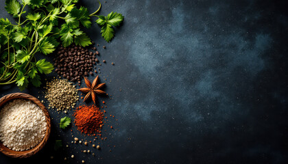 Fresh Herbs and Spices on Dark Background for Culinary Inspiration