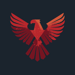 Obraz premium Stylized Phoenix or Eagle Bird Illustration with Outstretched Wings. Grungy Red and Orange Flying Avian Symbol of Power, Freedom, and Mythical Strength.