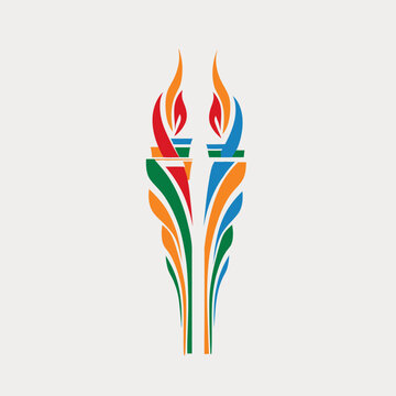 Modern abstract colorful torch design with vibrant flames. Symbolic vector graphic representing victory, competition, and celebration.
