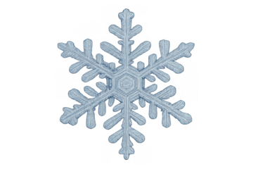 Delicate blue snowflake ice crystal showing intricate patterns and hexagonal structure, transparent background