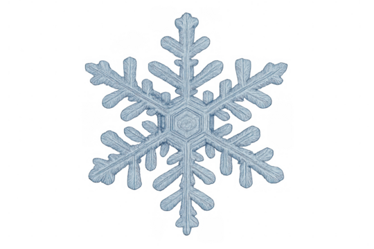 Delicate blue snowflake ice crystal showing intricate patterns and hexagonal structure, transparent background