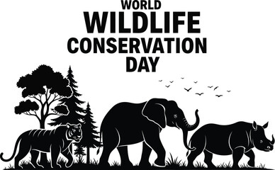 World wildlife conservation day illustration, featuring tiger, elephant, rhino, trees and birds in silhouette
