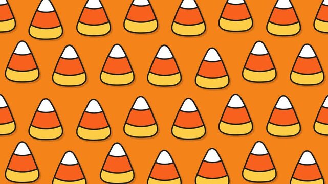 Pattern of candy corn on an orange background. Perfect for halloween designs, festive backgrounds, and sweetthemed projects.