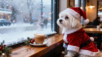 눈내리는겨울창가의귀여운말티즈