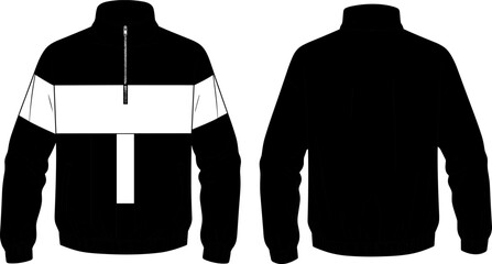 Zip-up jacket front and back view, high collar, bold stripe design, elastic cuffs and waistband, fashion flat sketch, vector illustration © Umme