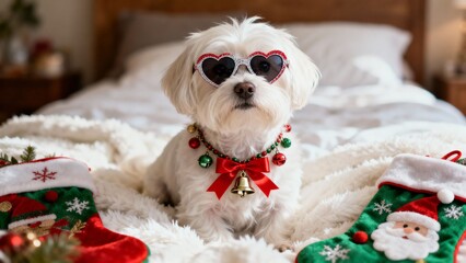 크리스마스목걸이를한말티즈강아지와아늑한침실풍경