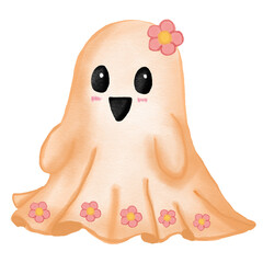 Cute Happy Ghost with Flowers