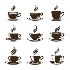 Obraz premium Collection of Hot Coffee Cups with Rising Steam Vector Icons. Set of Brown Stylized Mugs for Cafe, Beverage, and Drink Menus.