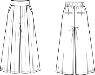 Wide leg pants technical fashion sketch, front and back view, garment construction detail, cad drawing flat vector illustration