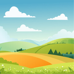 abstract Summer Hilly Landscape With Meadows Plants, Blue Sky And Clouds, vector illustration