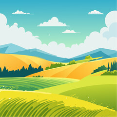 Obraz premium abstract Summer Hilly Landscape With Meadows Plants, Blue Sky And Clouds, vector illustration