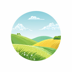 abstract Summer Hilly Landscape With Meadows Plants, Blue Sky And Clouds, vector illustration
