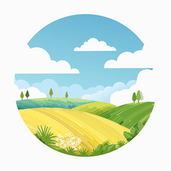 Obraz premium abstract Summer Hilly Landscape With Meadows Plants, Blue Sky And Clouds, vector illustration