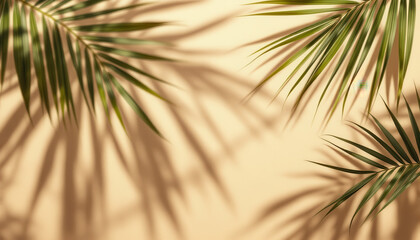 Natural Candid Photography of Green Palm Leaves on Beige Background
