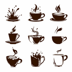 Obraz premium Collection of stylized coffee cups, tea mugs, and hot beverage vector icons with steam, splashes, and brew elements.