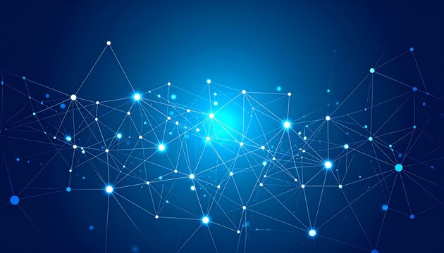 An abstract blue background with bright connecting points. A network of linked nodes is glowing. This symbolizes data and digital connections