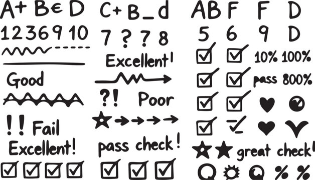 Hand Drawn Doodle Elements Featuring Success Indicators and Evaluations Representing Diverse Performance Outcomes and Feedback Assessments for Creative Projects
