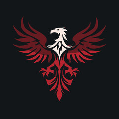 Powerful Red and White Eagle or Phoenix Bird Graphic Emblem. Stylized Vector Illustration of a Majestic Fowl with Outstretched Wings.
