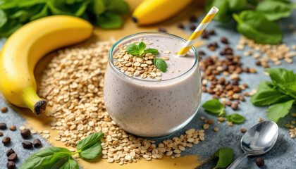 Refreshing Banana Smoothie with Oats and Mint on Rustic Surface