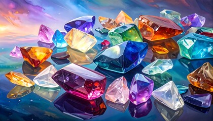 An array of vividly colored, faceted gemstones of various shapes and sizes, reflecting light, are scattered across a glossy surface