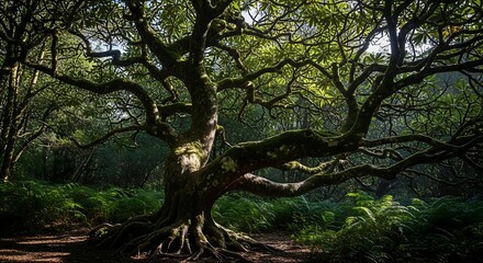 Fototapeta premium A majestic tree with expansive, moss-covered branches reaching outwards, dominates a lush forest scene with dappled sunlight