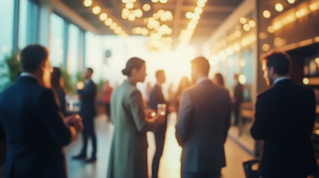 Blurred image of people at a business event, creating a sense of dynamism and networking atmosphere